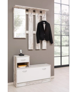 MOBILE DA INGRESSO CON SPECCHIO E APPENDIABITI BIANCO ANTICATO, 100X180X25 CM